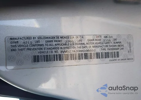 2011 Volkswagen Jetta 2.5L Se из США, поврежденный, VIN 3VWDZ7AJ0BM308032